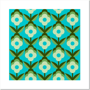Blue Retro Funky Flowers Posters and Art